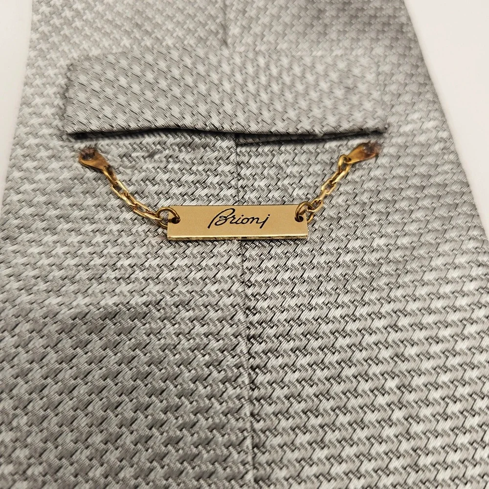 Brioni Textured Silk Tie Silver Micro Weave Hand Made‎ in Italy Luxury Designer